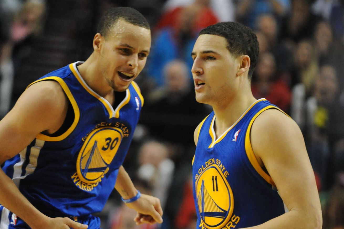 Stephen Curry And Klay Thompson Talking In The Game 8x10 Picture Celebrity Print