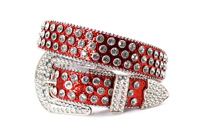 Rhinestone Western Belt Bling Silver Red Clear Unisex Men Pant 34 Cinto Vaquero