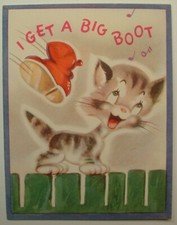 2 Images - Cat Gets Booted - 1950 Vintage RUST CRAFT Birthday Greeting Card