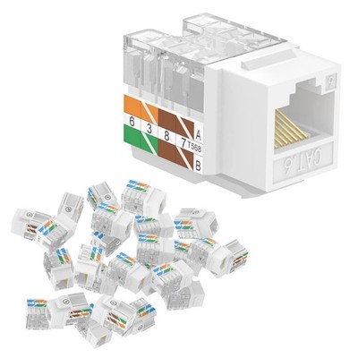 RJ45 Cat6 Keystone Jacks UL-Listed Slim Profile 10-Pack UTP 90-Degree White