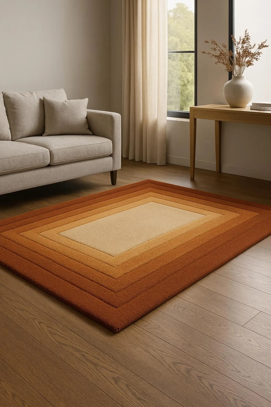 Hand-Tufted 100% Wool Rug in Warm Terracotta & Beige Tones Modern Design Carpet