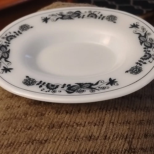 PYREX Old Town Blue Pattern White Glass Bowl with Black Accents, Round, Glossy