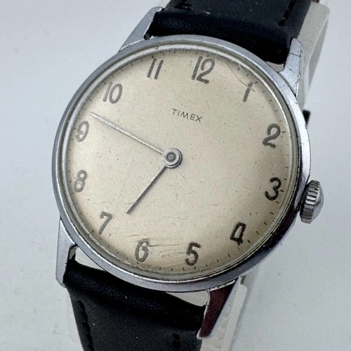 Vintage Timex Mercury Hand-Winding Mechanical Watch Men Silver Tone Leather Band