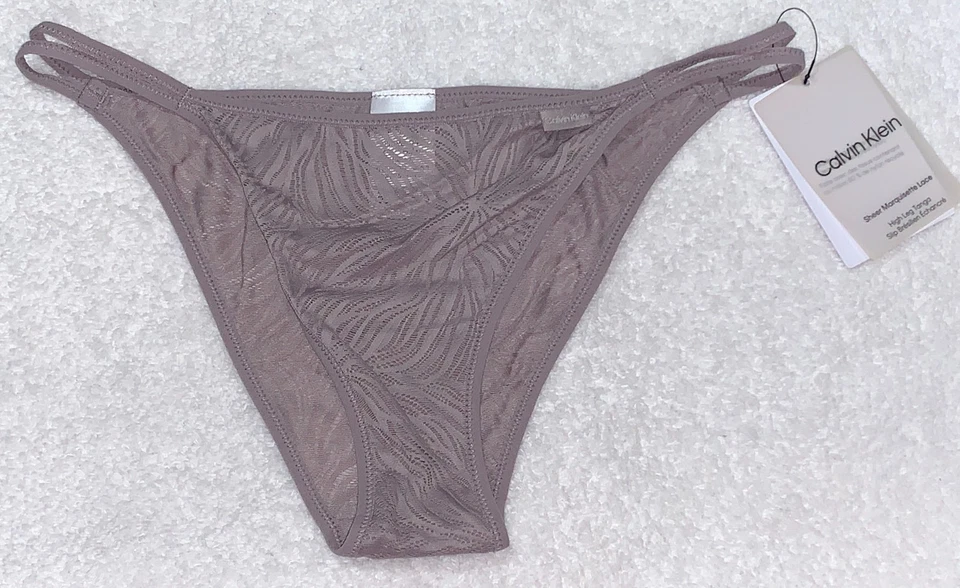 CALVIN KLEIN Sheer Marquisette Strappy Grey Sand High Leg Tanga Panty XS 4 L 7 - Image 4 of 4