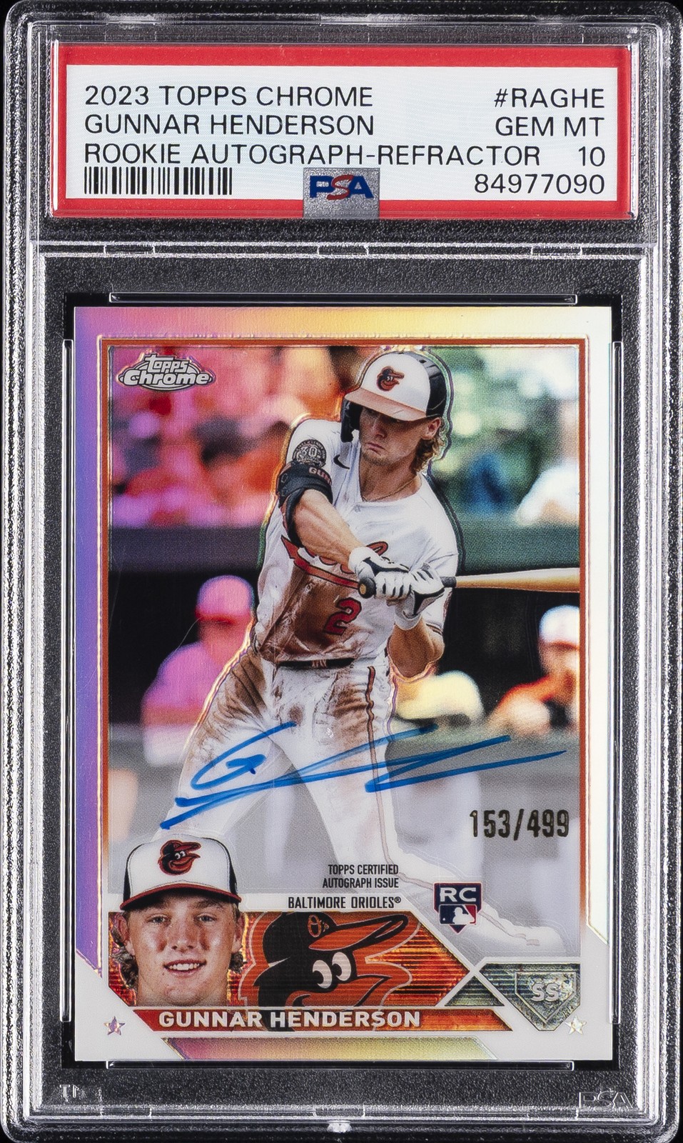 2023 TOPPS CHROME ROOKIE AUTO REFRACTOR GUNNAR HENDERSON RC 153/499 PSA 10 view 1