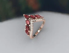 Natural Red Garnet and Diamonds V Curved Stacking Wedding Ring 14k Rose Gold Y00