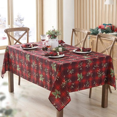 Newbridge Holiday Spruce Plaid Christmas Fabric Tablecloth, Holly, Evergreens, A