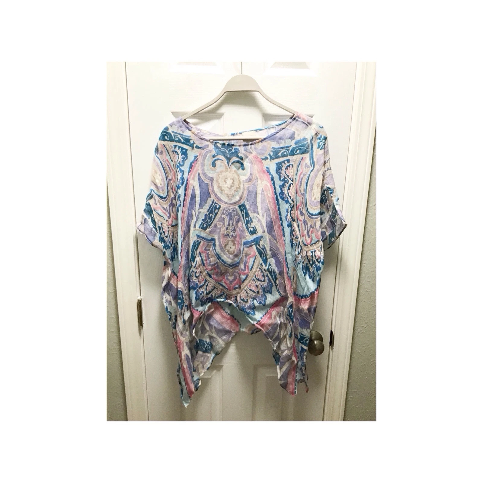 Chicos Pastel Paisley Floral 100% Linen Poncho Top Boho Beach Artsy Size S/M