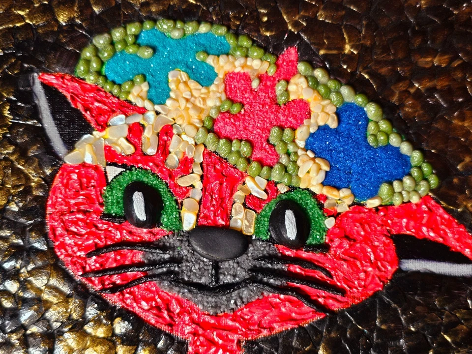 Pintura acrílica con textura original artista gato medios mixtos única con perla de concha Foto 4 de 4