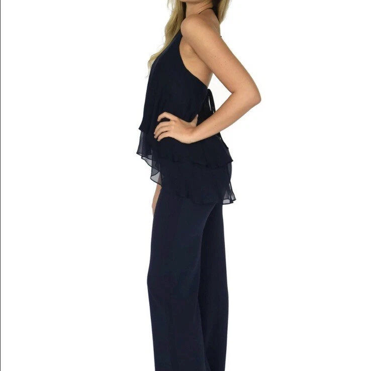 Elizabeth and James Baldwin Silk Chiffon Navy Halter Jumpsuit, Size 2 - Image 3 of 4