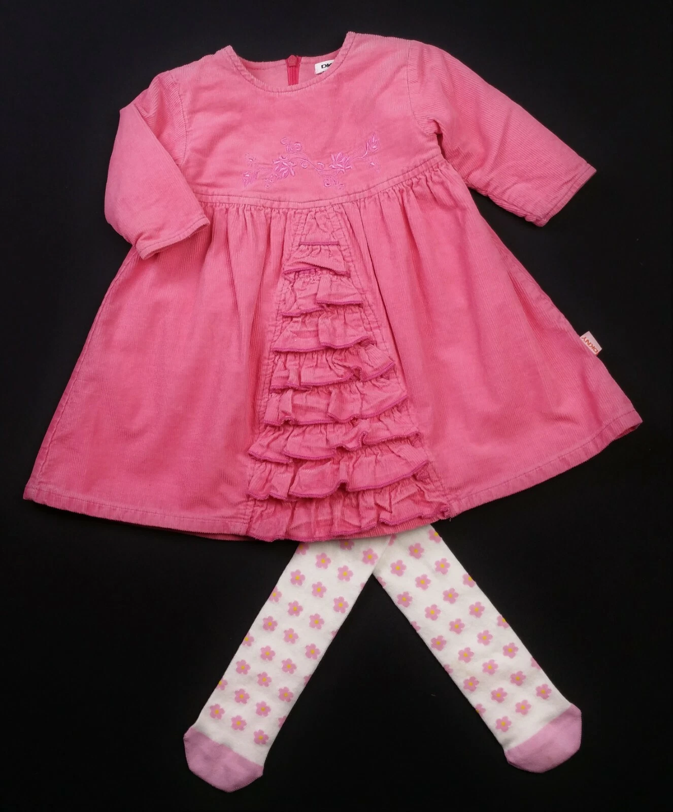 Baby Girls Clothes DKNY Pink Cord Frill Dress & NEW M&S Tights Outfit 6 Months