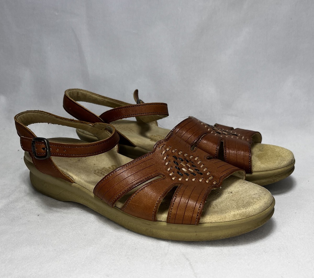 Women's N SAS Huarache Ankle Strap Sandals Brown Leather Tripad Comfort  Wedge