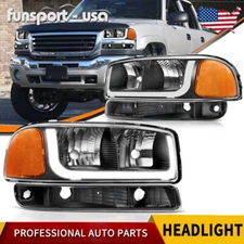 DRL LED Black Headlights + Bumper Light Set For 1999-2006 GMC Sierra 1500 2500