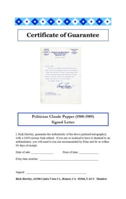 Claude Pepper Autograph Democratic Florida Senator Signed Letter