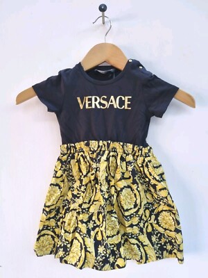 Versace Barock Kleid, Schwarz Gold, 24 Monate Mädchen Popeline Kleid.