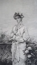 YOUNG LADY Summer Queen Cherries Branch Flowers - 1883 Original Etching Print