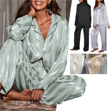 Women Silk Satin Striped Pajamas Set for men Loose Sleepwear PJ Set Autumn Gift
