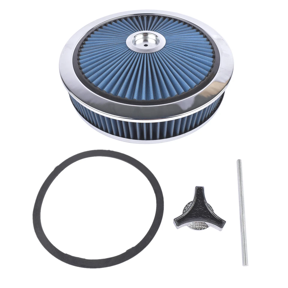 Juego de purificador de aire redondo 14" x 3" elemento lavable súper flujo filtro azul cromo Foto 3 de 4