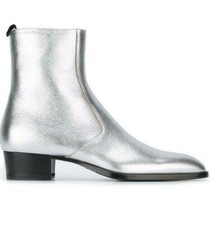 Mens real Leather Silver Ankle Boots Pointed Toe Chelsea boots Shoes