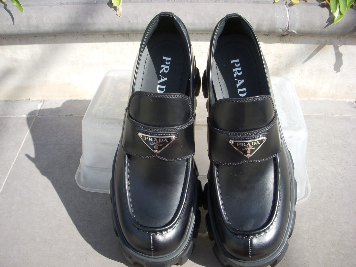 Prada MONOLITH Loafers Noir Leather Logo Italy Wmn's Ital 38 Prada MONOLITH Loafers Noir Leather Logo Italy Wmn's Ital 38