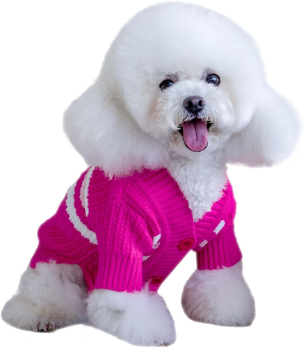Dog Striped Cardigan Sweater, Knitted Pink Dog Winter Clothes for Small Dogs Cat