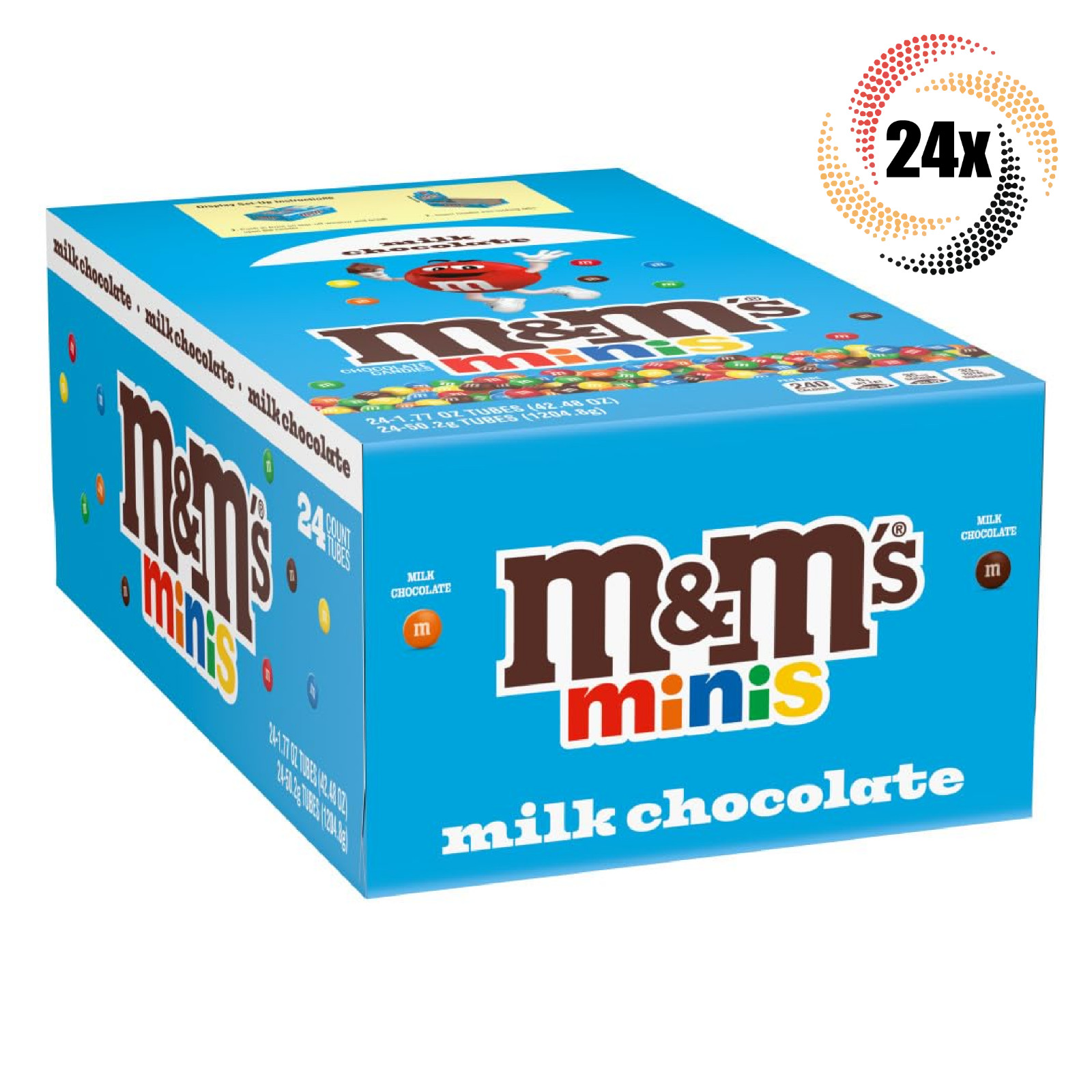 Полная коробка из 24-кратных тюбиков M-Ms Minis Plain Ассорти шоколадных конфет королевского размера | 1,77 унции