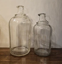 Antique Vintage Pair Beveled Glass Quart & Pint Pitchers With Spout & Handle