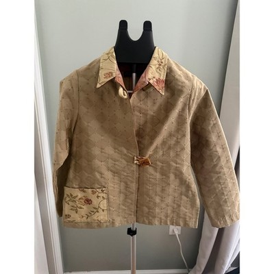 Jill Stern Wearable Art Quilted Floral Jacket Beige Artisan Boho Women's M