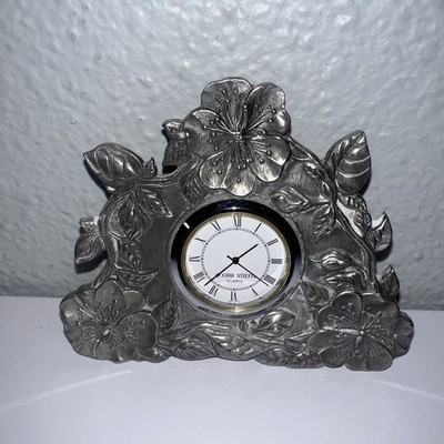 LENOX KIRK STIEFF FLOWER PEWTER CLOCK, Needs New Battery, 4 in x 3 3/8 in