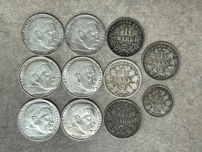 11 Coin Lot - Assorted German & German Empire 1/2, 1, & 2 Marks - Higher Grade