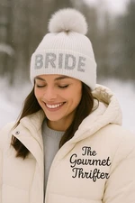 Shiraleah BRIDE Rhinestone White Knit Beanie Faux Fur Pom Pom Winter Hat