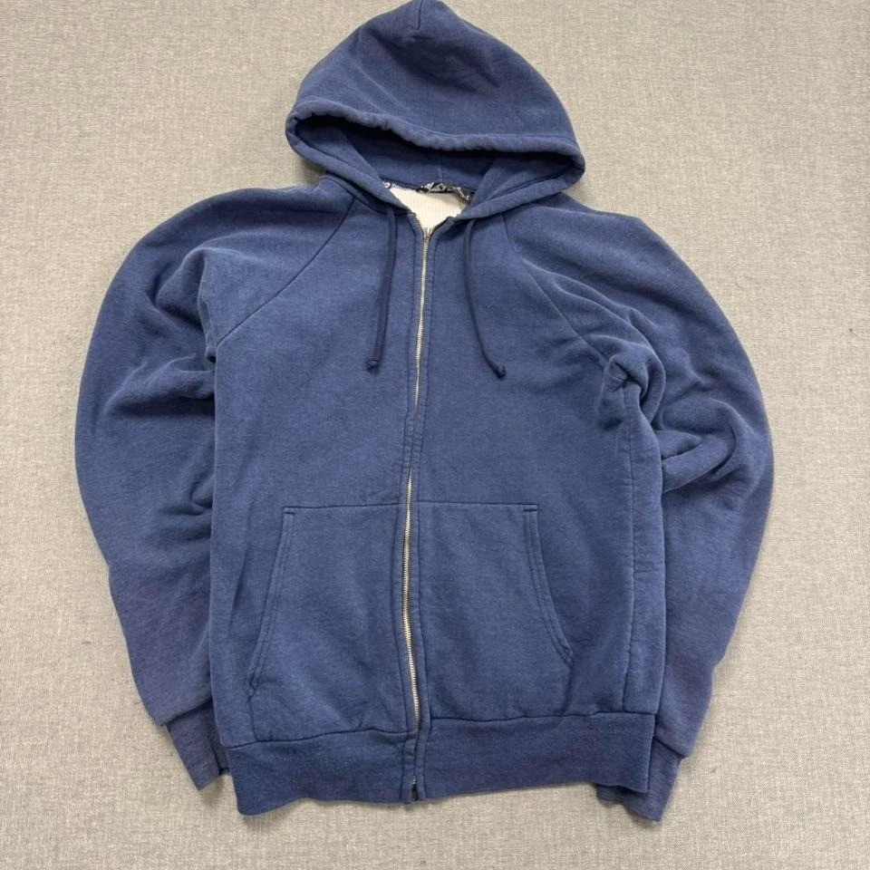Vintage 90s Thermal Lined Zip Up Hoodie Blank Blue Mens Medium