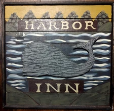 Primitives by Kathy GrayBill Vintage Harbor Inn Whale Wall Art Wood Sign 15"