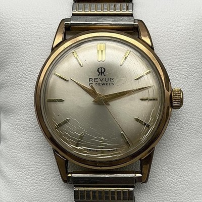 Vintage Revue Mens Watch 34mm Gold Tone 17 Swiss Jewels Manual Wind