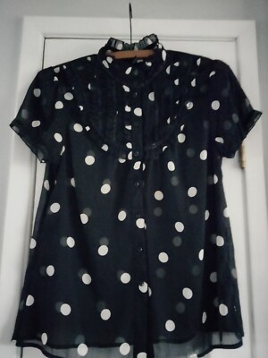 H&M Divided Women's Black with White Polka Dot Sheer Top Blouse size 10