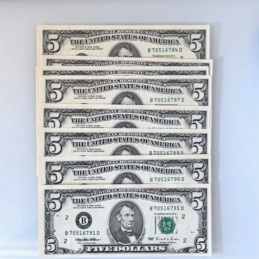 1995 New York 5$ Five Dollars FRN F 1978 B ( 8 Consecutive )  Unc Crisp - Image 2 of 4