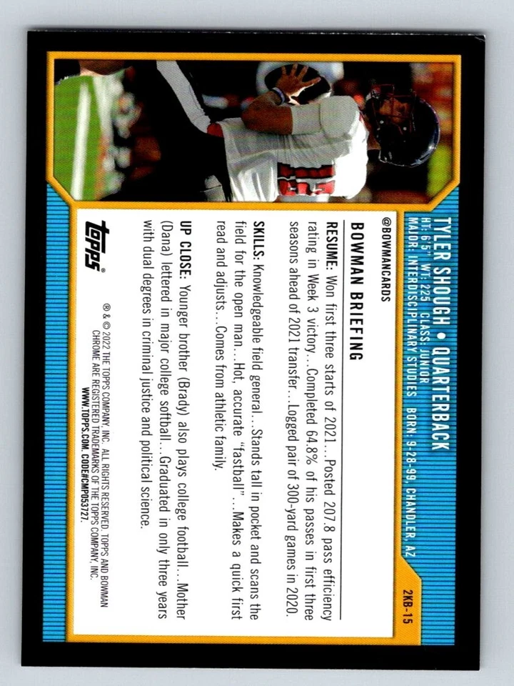 2022 Bowman University 2000 Bowman #2KB-15 Tyler Shough Texas Tech Red Raiders - Image 2 of 2