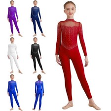 Kids Girls Jumpsuit Unitard Bodysuit Training Leotard Latin Mock Neck Dance