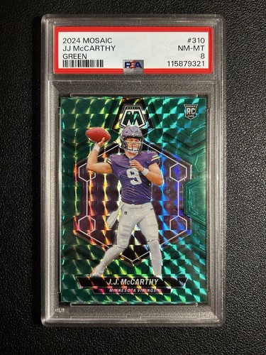 Panini 2024 Mosaic Rookies J.J. McCarthy RC Green Mosaic Prizm #310 PSA 8