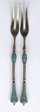Antique Sterling Silver 925 with Blue Enamel Pickle Forks x 2 Possably Danish