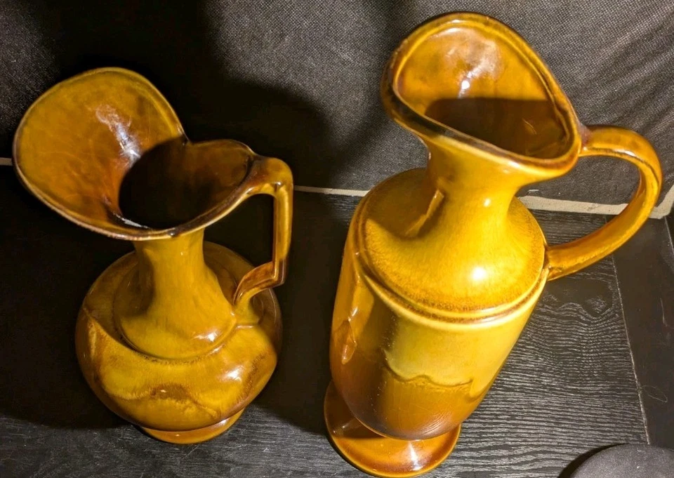 Lot Of 2 Vintage Mid Century Royal Haeger Vase Pitchers Orange Brown Drip Glaze - Image 3 of 4