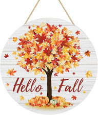 Hello Fall Door Sign Maple Tree Wooden Door Wreath for Front Doors Hanger Autumn