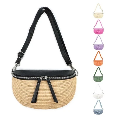 ITALy Damen Stroh Leder Tasche Basttasche Schultertasche Gürteltasche Crossbody - Bild 1 von 4