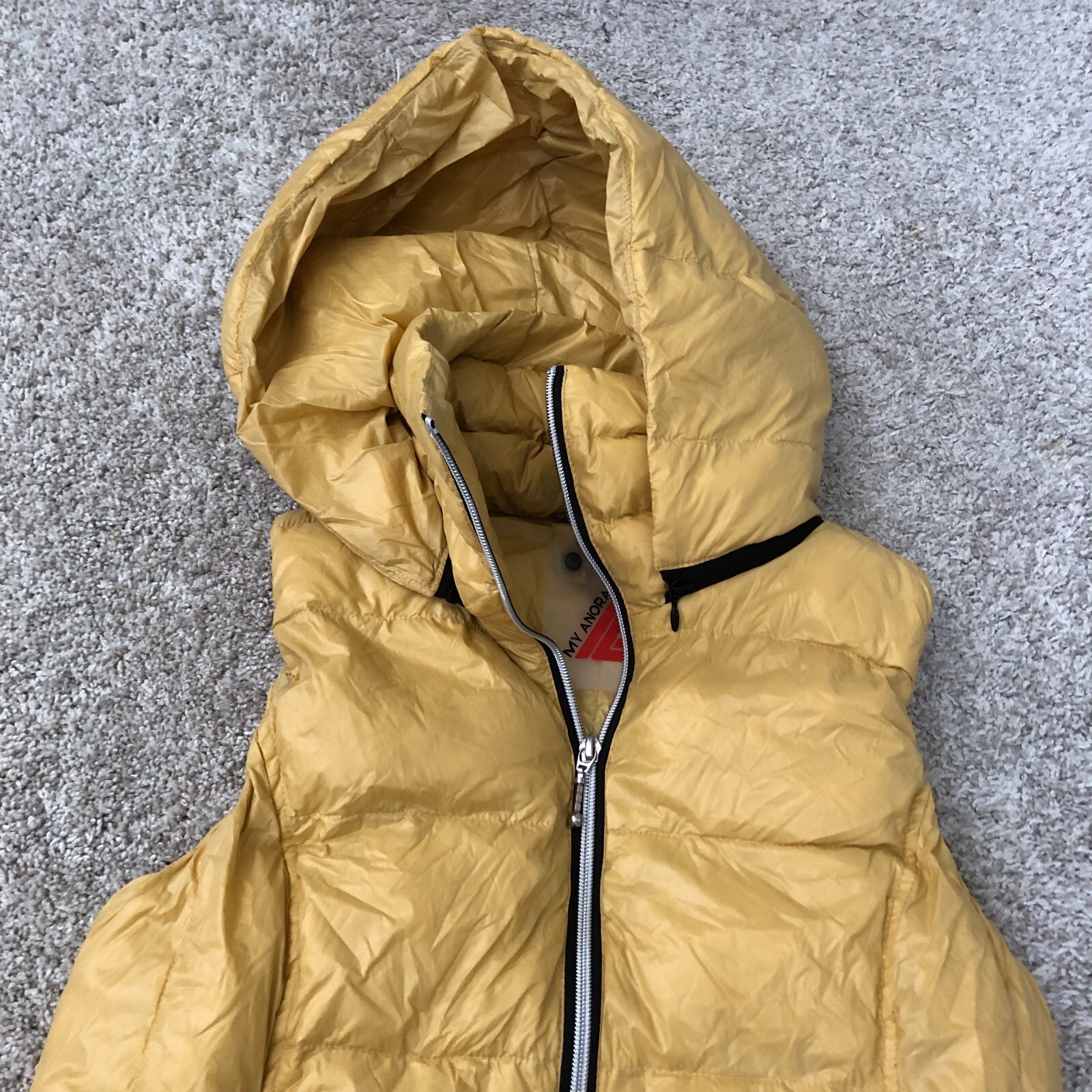 My Anorak Nylon Down Vest 50172CAM Sz S Mustard Yellow Nylon Puffer Hooded
