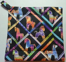 Deluxe Hot Pad/ Pot Holder: LAUREL BURCH HORSES IN PORTRAIT: Black: Quilted