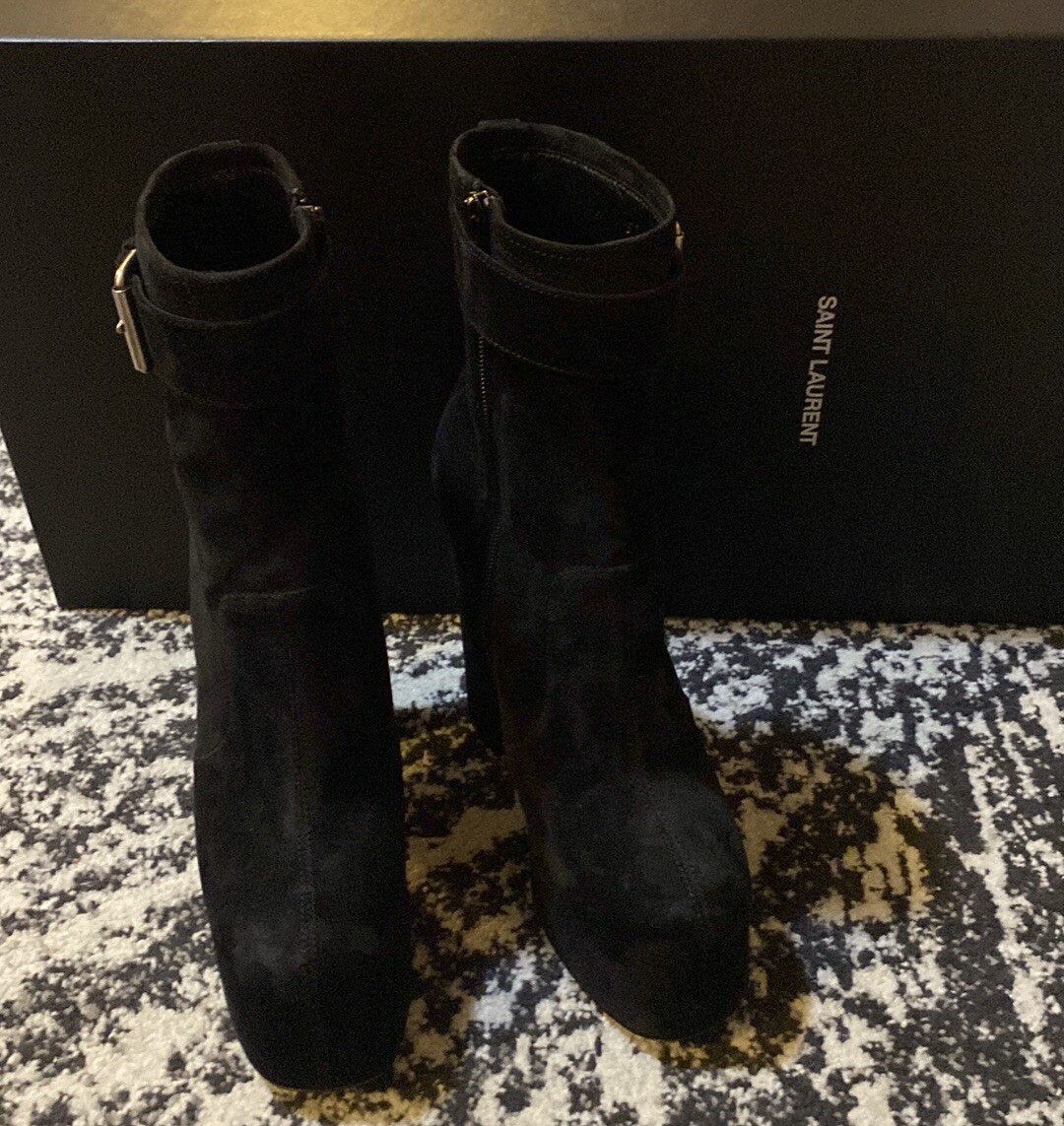 Stivali in pelle scamosciata Saint Laurent Mina Cherry 95 Mazzi fibbia plateau taglia 39 5