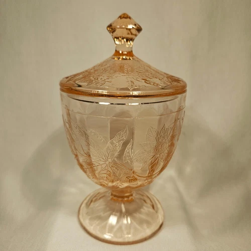 Jeannette Footed Pink Poinsettia Candy Jar with Lid Floral Depression Glass 6.5"