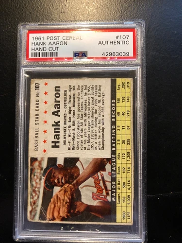 1961 Post Cereal Hank Aaron #107 Hand Cut PSA Authentic