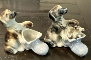 Vintage Porcelain Mother Dog With 2 Puppies Figurine In Boot Dog With Boot Set 2