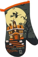 Kitchen Oven Mitt (13") HALLOWEEN, HAUNTED HOME,IS WHERE YOU HANG YOUR BROOM, GR